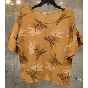 Women's ELENA BALDI 100% Linen Dragonfly Ruffle Sleeve Top SZ Medium